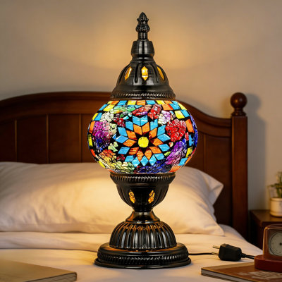 Handmade Turkish Mosaic Table Lamp With Bronze Base, Tiffany Style Stained Glass Nightstand Light Fixture With LED Bulb For Living Room And Bedroom Decor