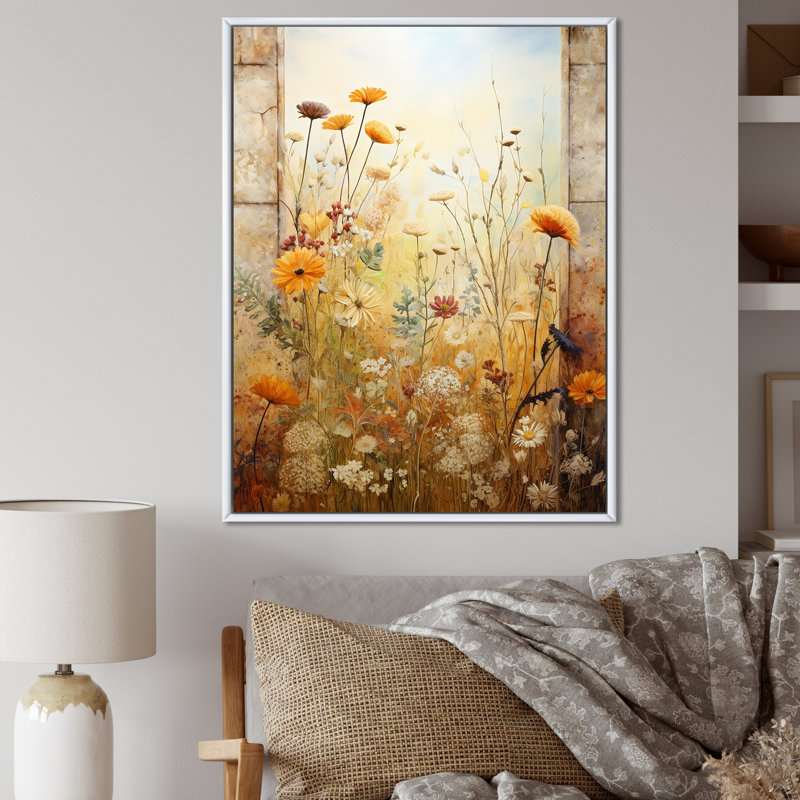 «Green and Yellow Summer Meadow Windows View II - Meadow», art mural, Cadre flottant blanc, H 32 po x l 24 po x P 1 po