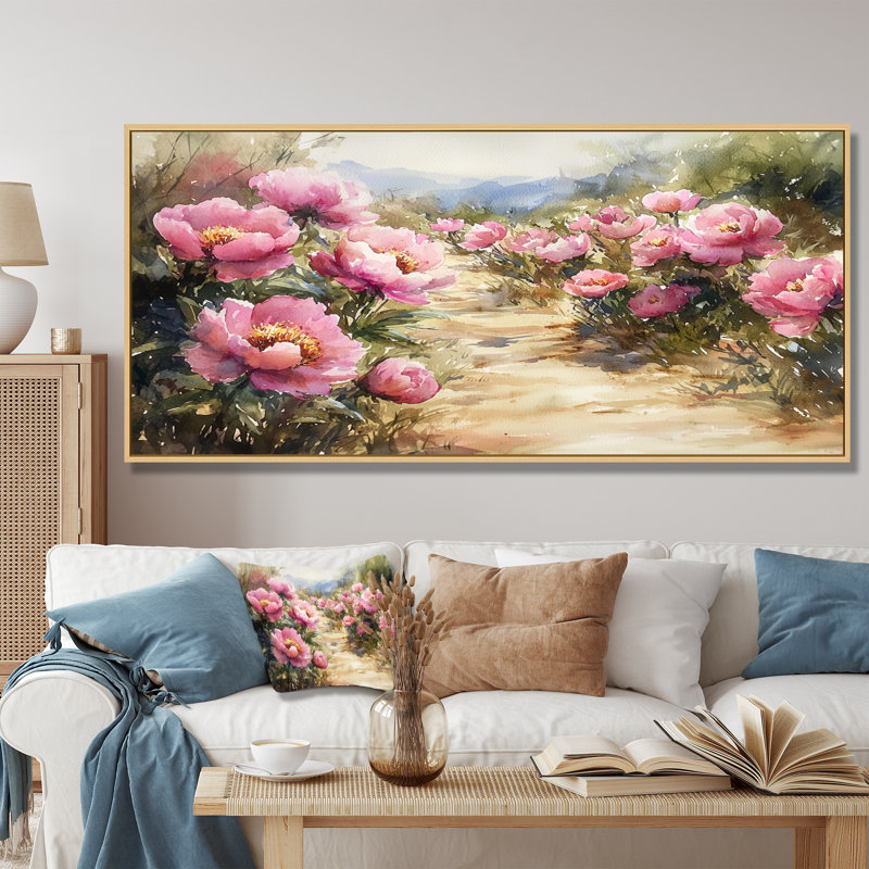 Pivoines le long du chemin de terre - Art mural pivoines, H 28 po x l 60 po, Toile tendue, Ne s’applique pas