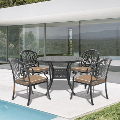 5-Piece Set Of Cast Aluminum Patio Furniture With Black Frame and Seat Cushions