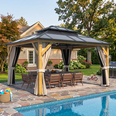 12x14 FT Hardtop Gazebo with Polycarbonate Roof, Wooden Frame & Reinforced Base, Outdoor Patio Pavilion with Sliding Curtains and Netting