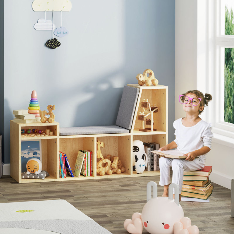 Linlin 25'' H * 43'' W 6-Tier Wooden Corner Reading Nook Organizer with Seat Cushion and Storage, Wood