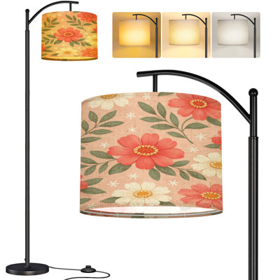  Lampe sur pied arc rouge et blanc avec marguerites blanches et douces, pêche, haute lampe sur pied moderne, abat-jour réglable en lin à 3 couleurs