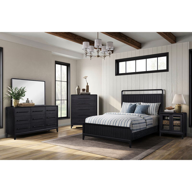 Très grand lit à panneau ouvert en finition grain de poivre, placages, bois massif et noir, P 86,42 po x l 83,05 po, H 59,21 po, 156,33 lb, avec tête de lit à motif de canaux avec placages de + 86 po de profondeur, 82 po de largeur