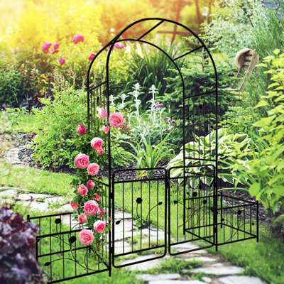 79.5''X86.6'' Metal Garden Arch With Gate - Create A Beautiful Climbing Plants, Black 79.5'' Wide X 86.6'' High For Finish