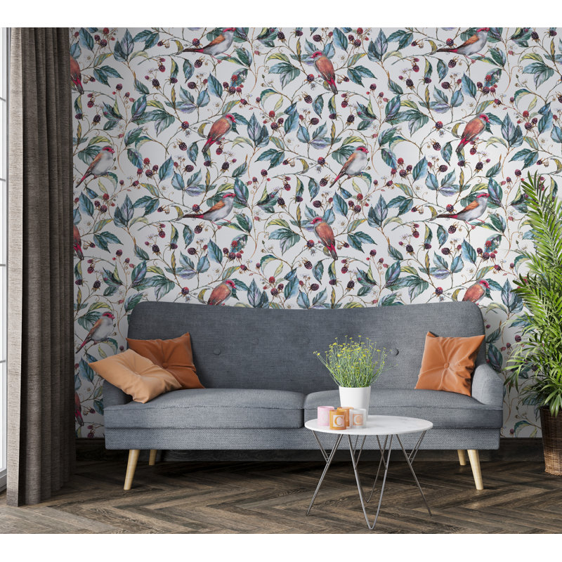 Papier peint baies sauvages et oiseaux, l 24 po x L 75 po