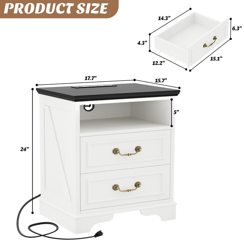 17 Inches Farmhouse Modern Nightstand With 2 Drawers And Built-In Outlets, White