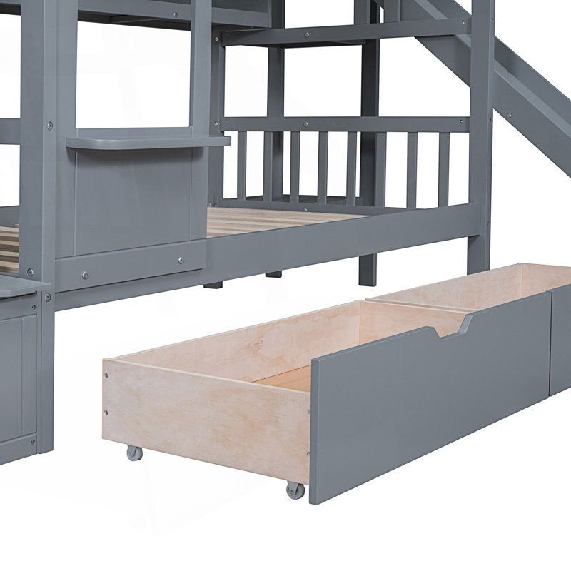 Lit superposé simple au-dessus d'un lit simple de style château avec 2 tiroirs, 3 tablettes et glissoire, Gris