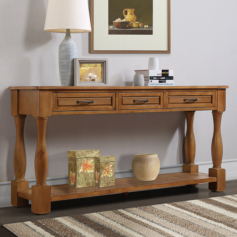 Console avec 3 tiroirs et 1 tablette inférieure, canapé, table d'entrée, Brun