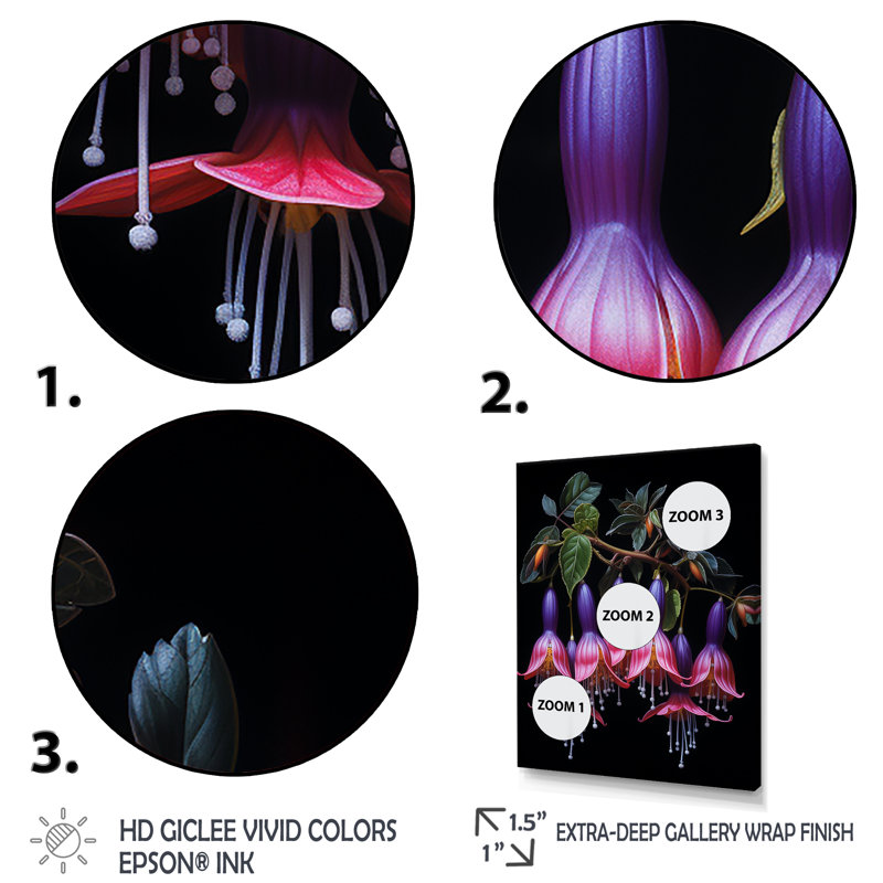 Fleurs mauves en cascade - Fuschia, Cadre doré simple, H 32 po x l 16 po x P 1 po