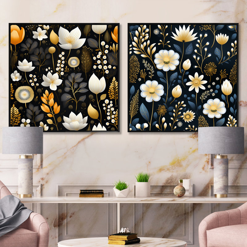 Ilian - Ensemble de 2 collages carrés botaniques abstraits, Cadre flottant noir, H 16 po x l 33 po