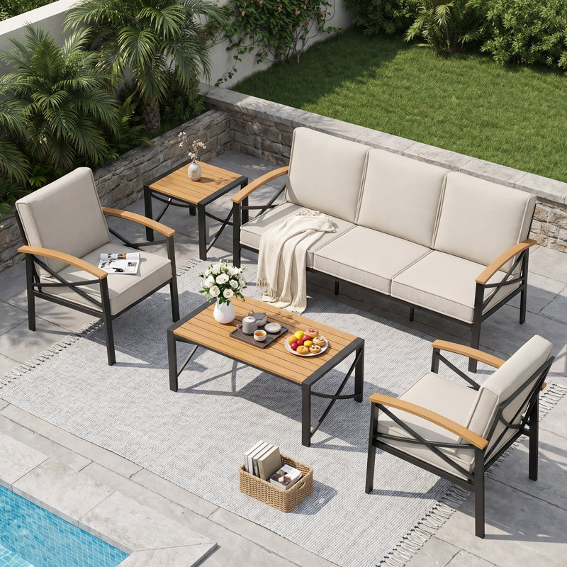 Ensemble de patio extérieur pour 5 personnes, ensemble de conversation extérieur avec coussins résistants aux intempéries, ensemble de mobilier de patio robuste en métal pour la cour arrière, la piscine