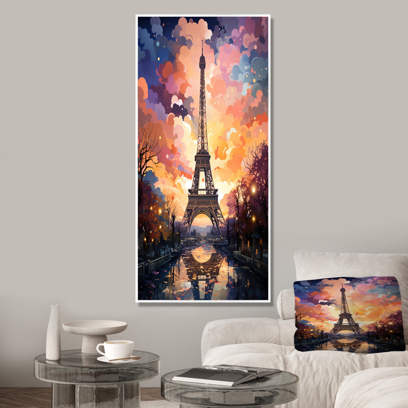 Tour Eiffel de nuit coloré, art mural de la ville de Paris, Cadre flottant blanc, H 32 po x l 16 po