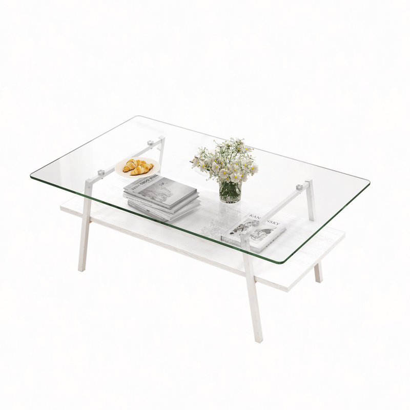 Table basse rectangulaire, plateau en verre trempé avec pieds en métal blanc, table moderne pour le salon, verre transparent