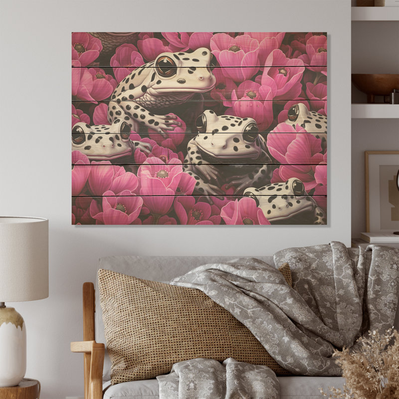 Blanc et rose Pop Art Frog I - grenouilles et crapauds, art mural sur bois de pin naturel, H 24 po x l 32 po