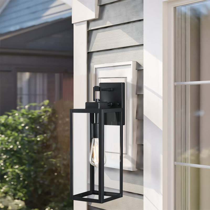 1-Light Matte Black Outdoor Wall Lantern with Clear Glass Shade, 18" H x 7.75" W x 6" D
