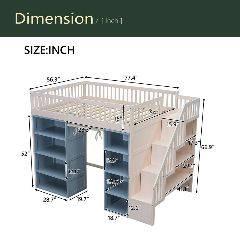Lit mezzanine double avec 2 armoires de rangement à quatre couches et rideau