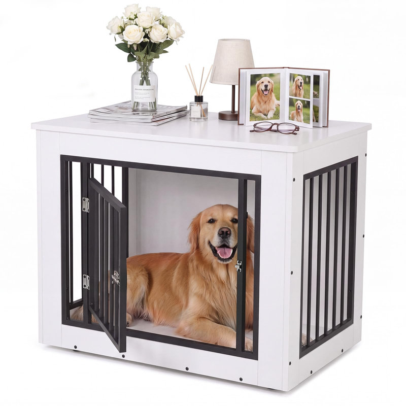 Barre de taille moyenne pour chien avec cage en bois anthracite 30 po x 21 po x 25 po pour l'intérieur, Blanc