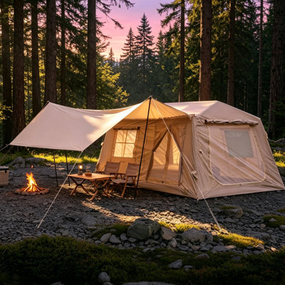 9 ft. x 13 ft. Beige 4-Season Oxford Inflatable Camping Tent with Canopy and Hand Pump (4-8-Person)