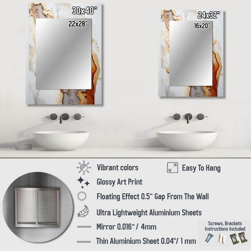 Pierre de minimalisme beige et orange - géode de pierre, miroir décoratif traditionnel, art mural, 40 po x 30 po