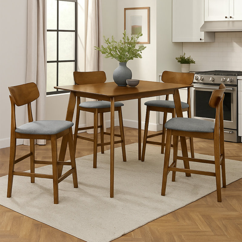 Ensemble de salle à manger à hauteur de comptoir 5 pièces Rinona, 4 chaises, tissu gris et bois brun