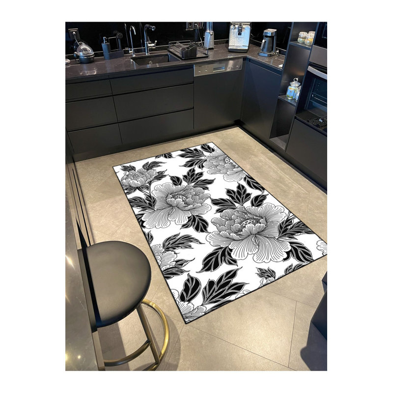Tapis tissé à motif floral gris anthracite et tapis lavable, Carré 3 pi 3 po