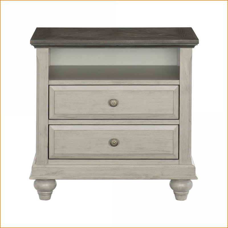 Table de chevet 2 tons avec 2 tiroirs et casiers Modern Farmhouse - gris clair / brun foncé