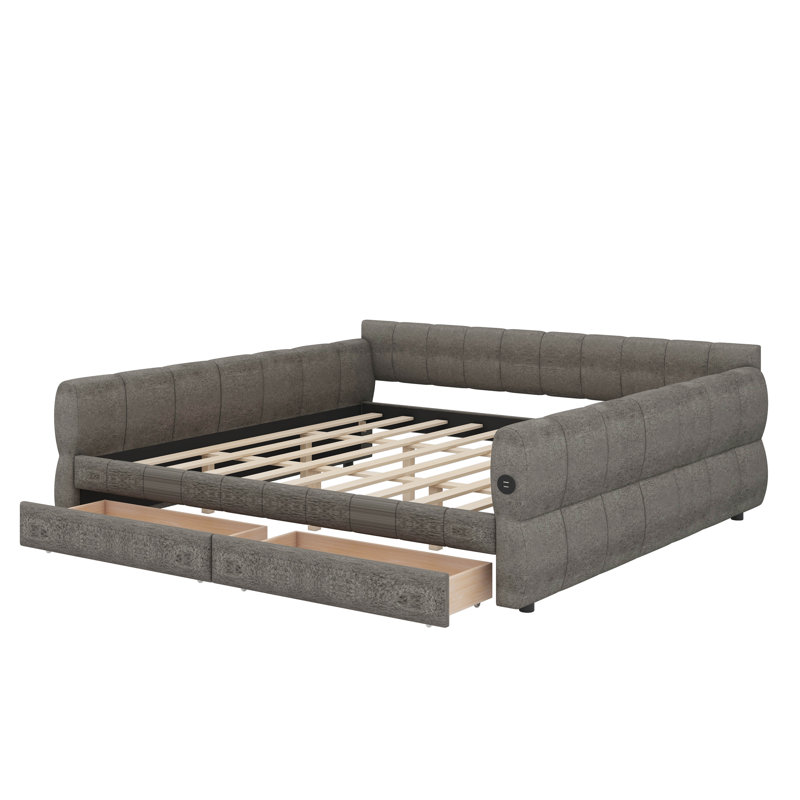 Structure de lit de jour rembourré avec port USB et 2 tiroirs, lit plateforme en laine d'agneau doux, Gris