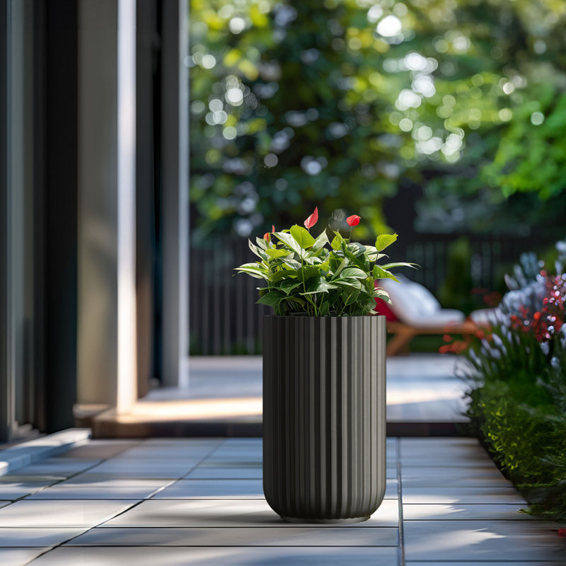 Large Concrete Round Planter / Pot With Drainage Holes, Charcoal Black, 17.72" H x 11.02" W x 11.02" D