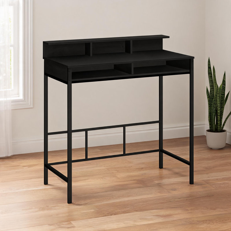 Bureau debout en métal noir de jais avec tablettes ouvertes, 48 surfaces de travail, style bureau à domicile moderne