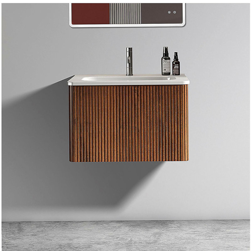Commode de salle de bain rayée en bois de noyer, avec lavabo en céramique, commode flottante murale moderne pré-assemblée