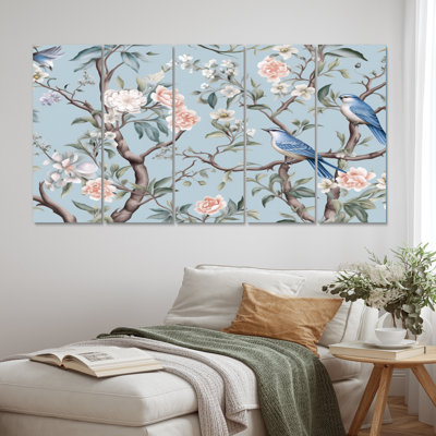 Chinoiserie avec oiseaux et pivoines - impression sur toile florale - 5 panneaux égaux