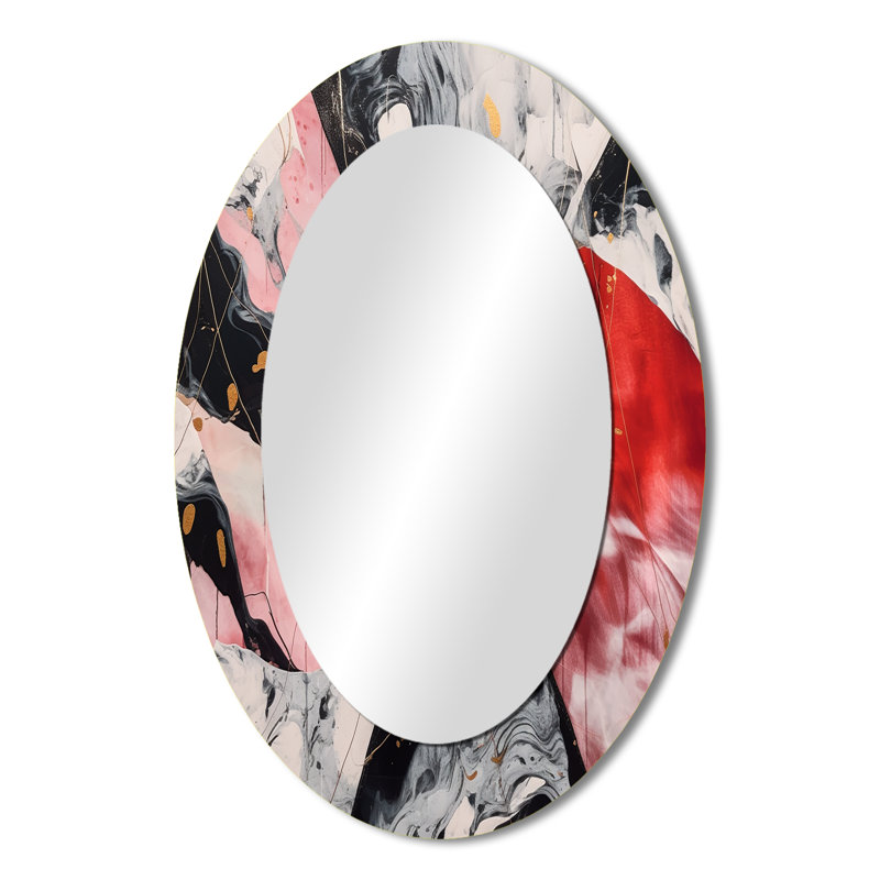 Red And Black Marble Whispers II - Large Oval Wall Mirror On Metal, 36" x 24"