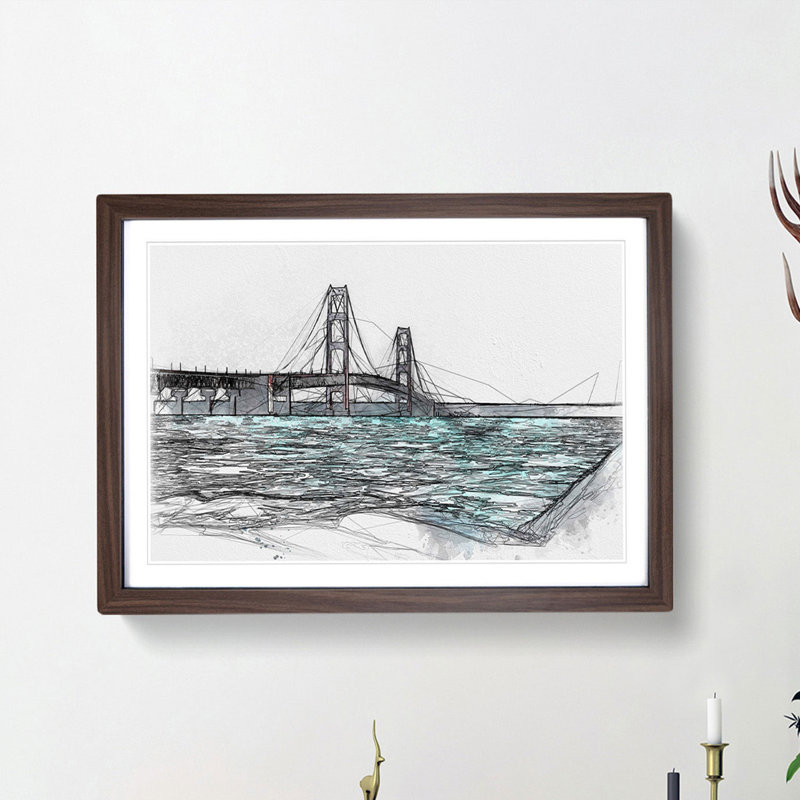 Mackinac Bridge in Michigan - Picture Frame Graphic Art Print, 62cm H x 87cm W x 2cm D, Walnut Framed