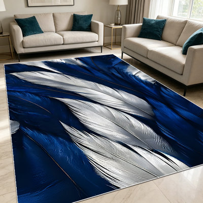 Tapis 1 pièce à imprimé de plumes bleu marine et blanc pour le salon, doux et confortable, adapté à toutes les saisons, facile à entretenir, lavable à la machine, convient pour l'entrée, la chambre à coucher, la salle à manger, le bureau personn