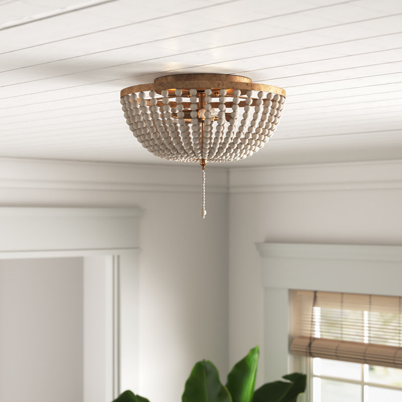 Ohlone Farmhouse Wood Beaded/Metal LED Flush Mount, 12.5" H x 15" W x 15" D, Antique Gold