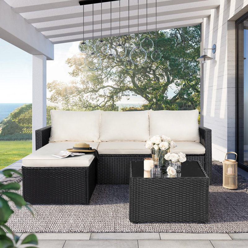  3 Piece Outdoor Sectional Patio Sofa, All-Weather Wicker Rattan Outdoor Furniture Set With Glass Table And Cushions, Beige