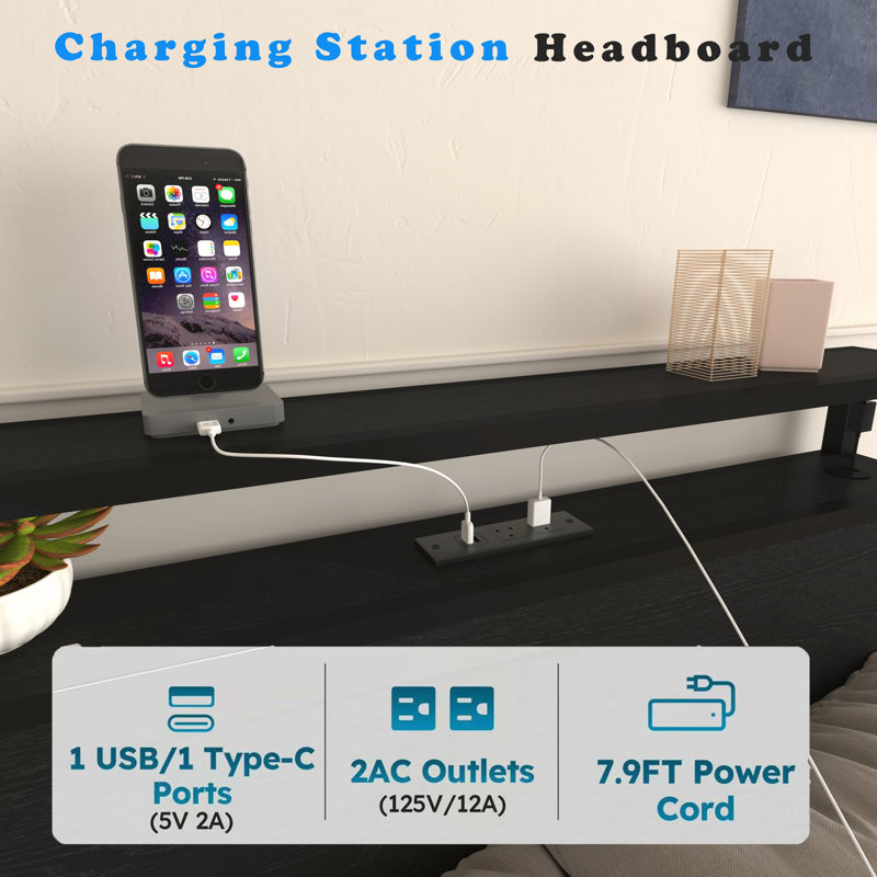 Cadre de lit simple avec station de charge et lumières DEL