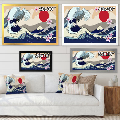 Traditional Japanese Red Moon And Waves - Traditional Canvas Wall Art Print