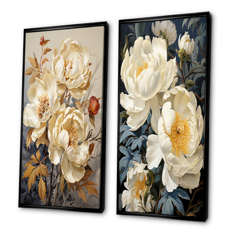 Ensemble de 2 pivoines botaniques rétro dévoilées - pivoines, H 28 po x l 25 po, Cadre flottant noir