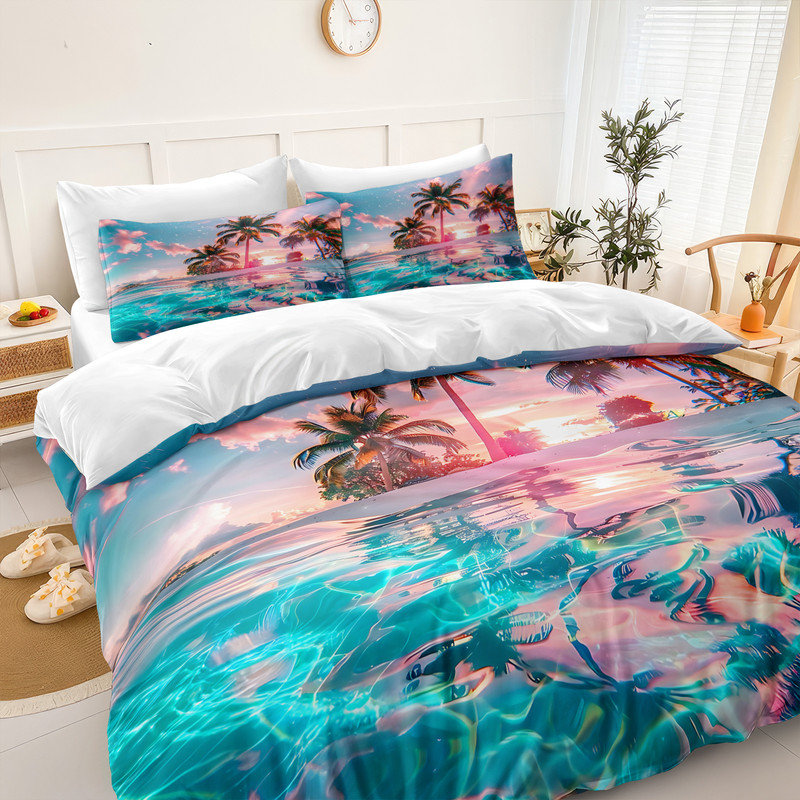 Ensemble d'édredon Ocean Beach, très grand palmier, literie tropicale, 4 pièces, rose, coucher de soleil, bleu, bord de mer, romantique, édredon naturel, décor de chambre d'Hawaï