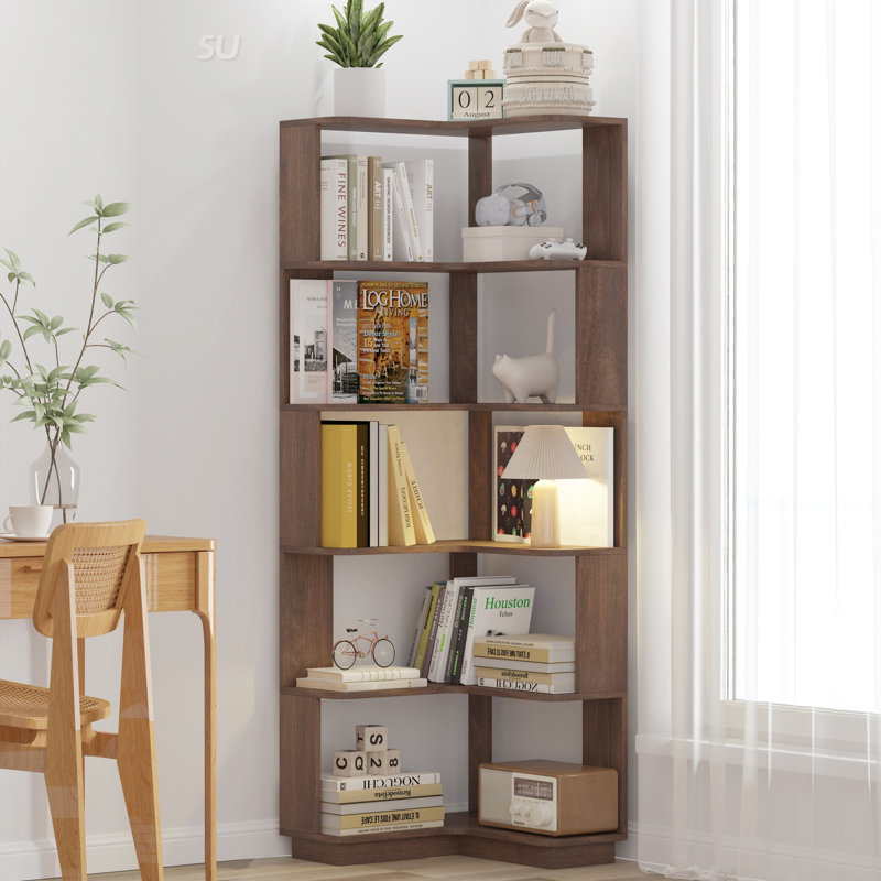 6 Tier Freestanding L-Shaped Corner Bookshelf, Wooden Display Shelf With Anti-Drop Panels And Anti-Tipping Device For Home Office