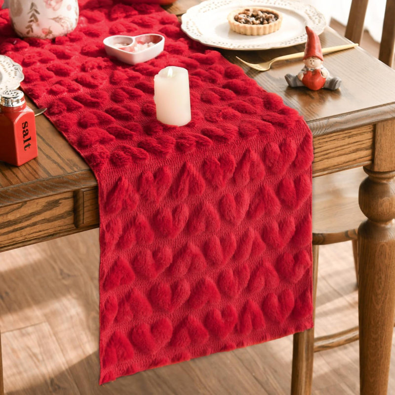 Soft Plush Faux Fur Jacquard Heart Valentine's Day Table Runner, Seasonal Kitchen Dining Table Decoration For Home Party Decor