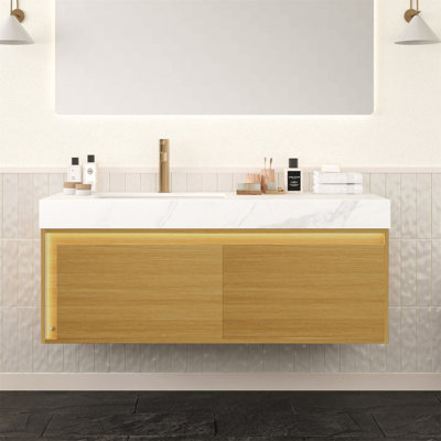 48'' Bathroom Vanity&Sink, Floating Ultra-Slim Grille Plywood Storage Cabinet, Drawers With Sensor Light, Carrara White Sintered Stone Top&Ceramic Undermount Basin, Pre-Assembled