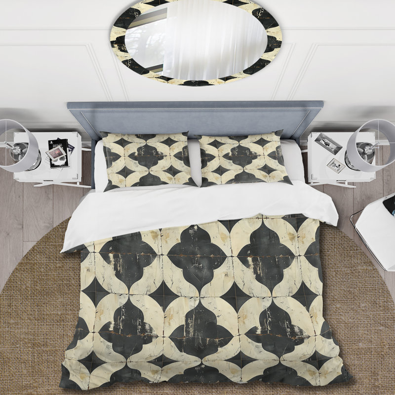 Ensemble de housse de couette beige à motif quadrilobe - Mid-Century, Housse de couette très grand + 2 taies décorativ