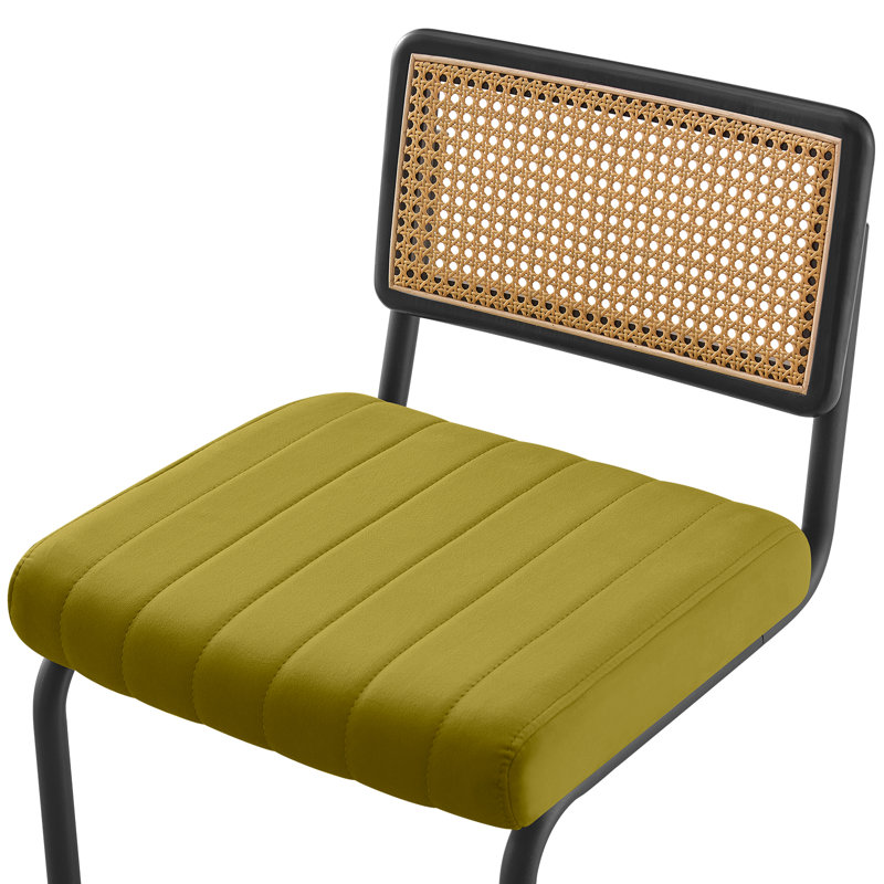 Oliver Green Velvet Upholstered Cane Back Counter Stools with Black Metal Frame
