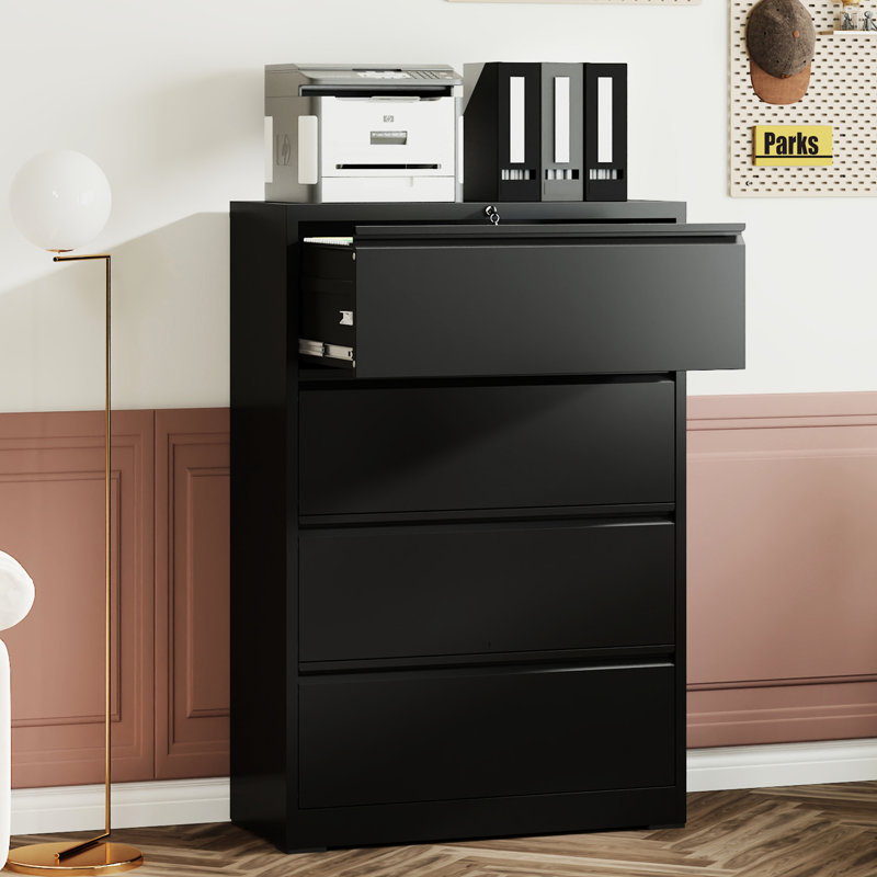 Classeur latéral 4 pièces thermolaqué noir, charge de tiroir de 110 lb, sécuritaire pour le bureau à domicile par tiroir,