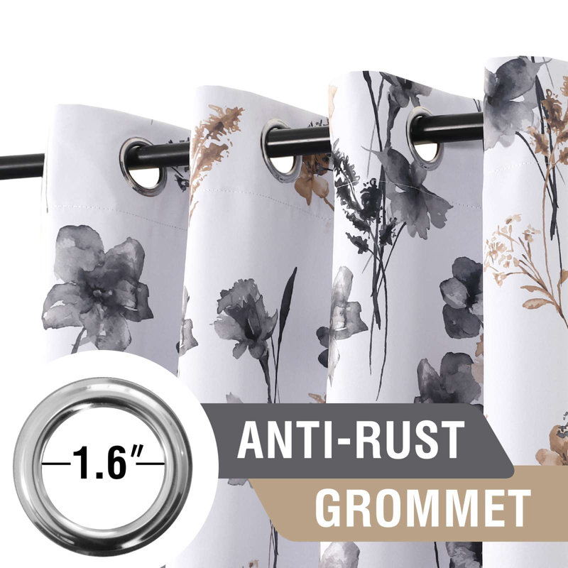 100% Blackout Curtains 2 Panels Set Cattleya Floral Printed Drapes Leah Floral Thermal Curtains for Bedroom with Black Liner Sound Proof Curtains