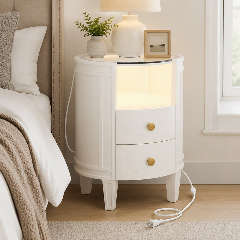 Table de chevet 2 tiroirs avec lumière DEL, table d'appoint moderne avec plateau en verre