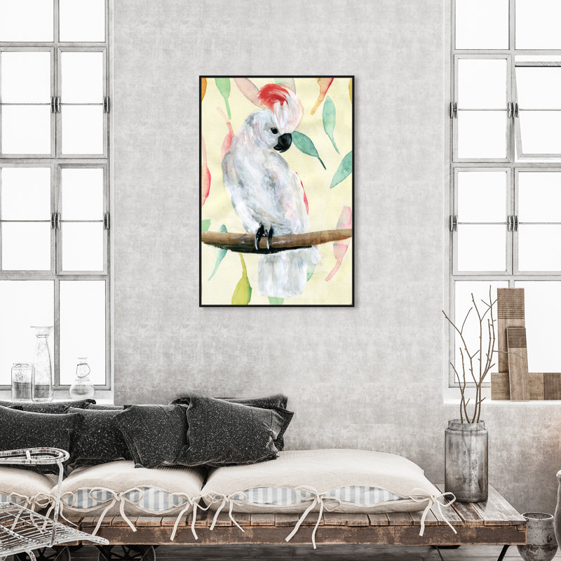 Cacatoès tropical - peinture sur toile, Cadre en bois noir, H 46 po x l 31 po